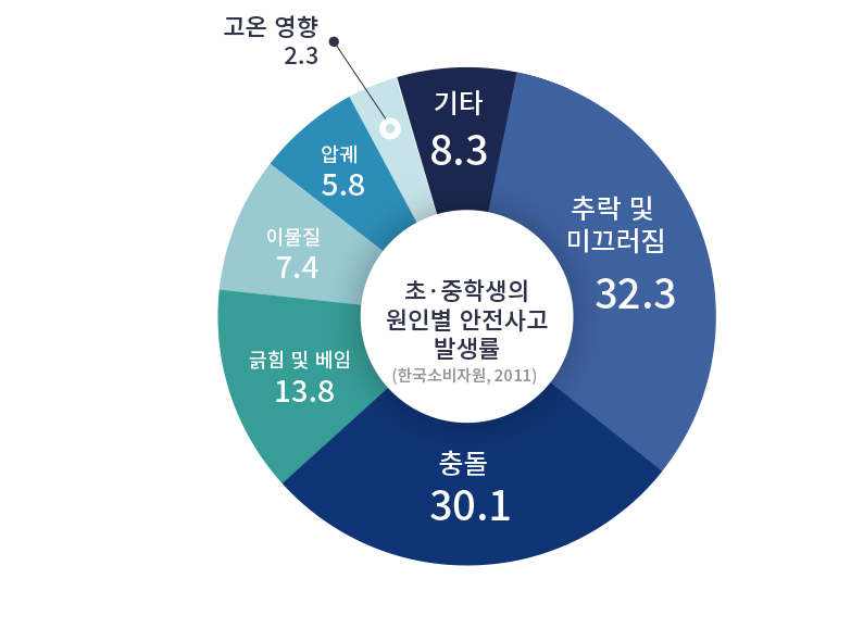 초중학생의 원인별 안전사고 발생률 (한국소비자원, 2011)